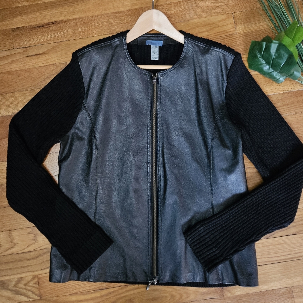 Provence d'Amour Black Leather Knit Jacket L Embossed Floral Zip Front